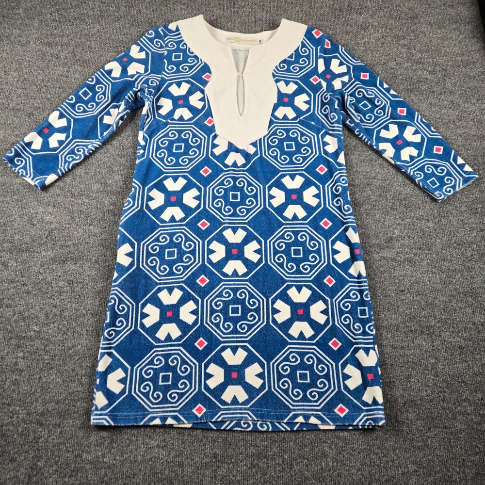 Tracy Negoshian Terry Cloth Tunic Dress Womens Medium Blue Geometric Resort SKU
